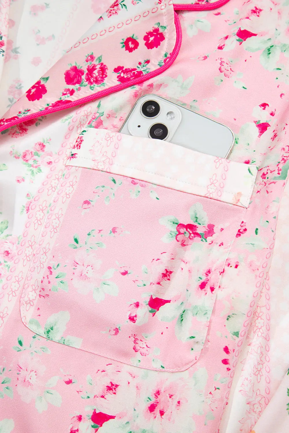 Pink Mixed Floral Print Contrast Piping Trim Satin Tie 2pcs Pajama Set Dear-Lover Dropshipping