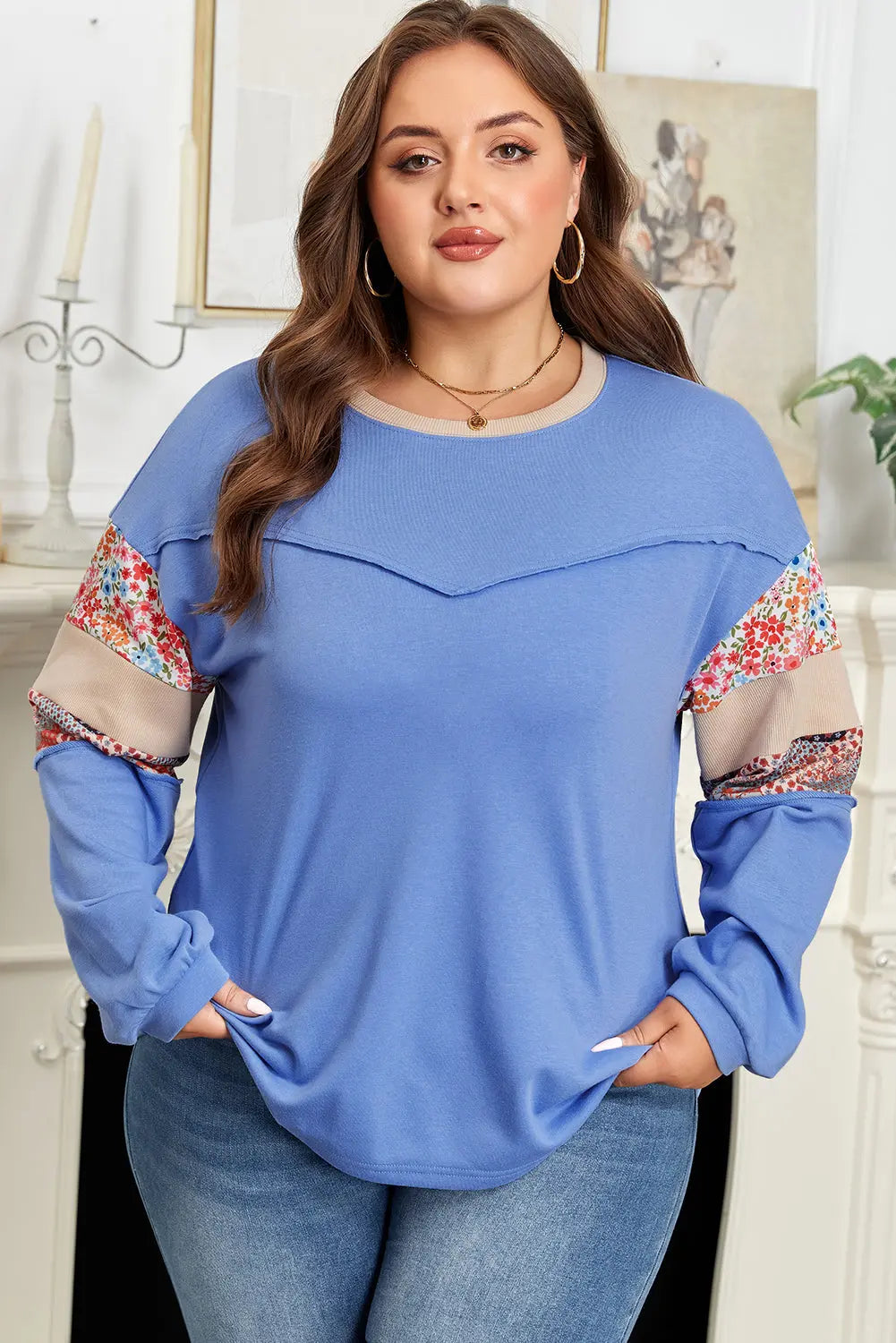 Blue Exposed Seam Floral Mixed Patchwork Relaxed Plus Size Sweatshirt Dear-Lover Dropshipping