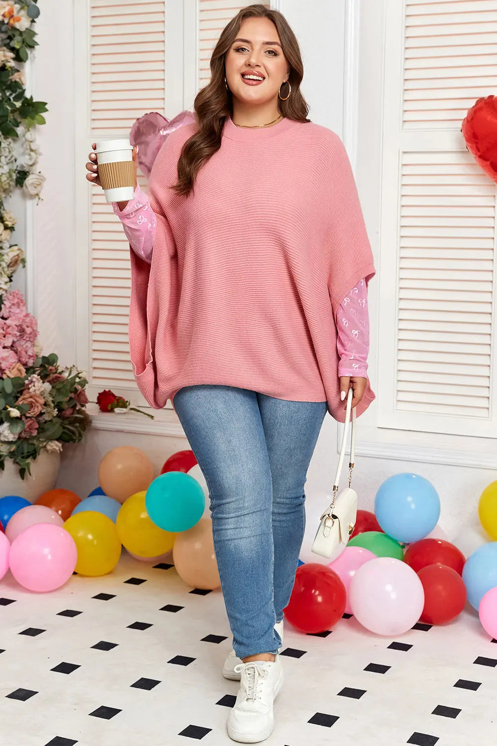 Light Pink Ribbed Knit Half Sleeve Plus Size Poncho Style Sweater Dear-Lover Dropshipping