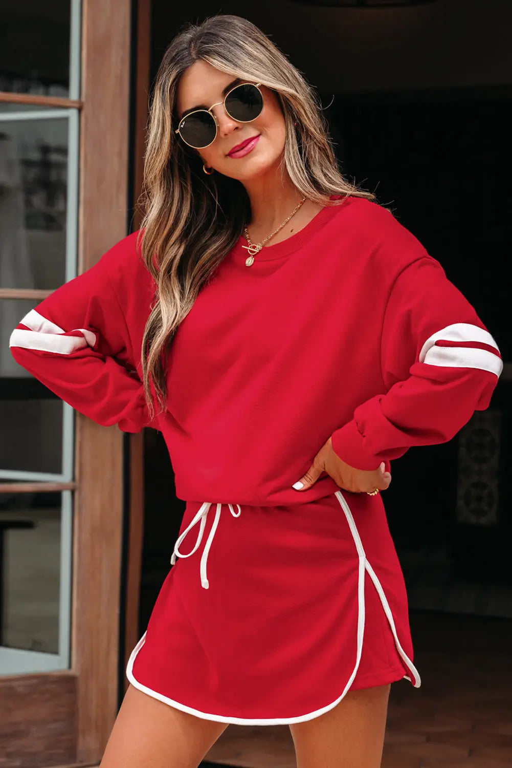 Fiery Red Varsity Stripe Detail Drop Shoulder Pullover Mini Skirt Set Dear-Lover Dropshipping