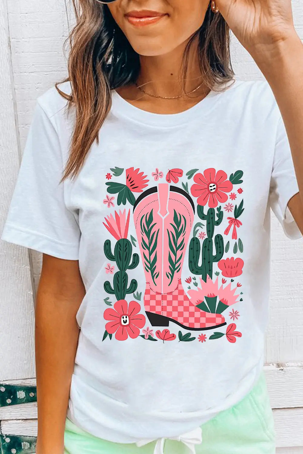 White Western Boots Flower Print Round Neck T Shirt Dear-Lover Dropshipping