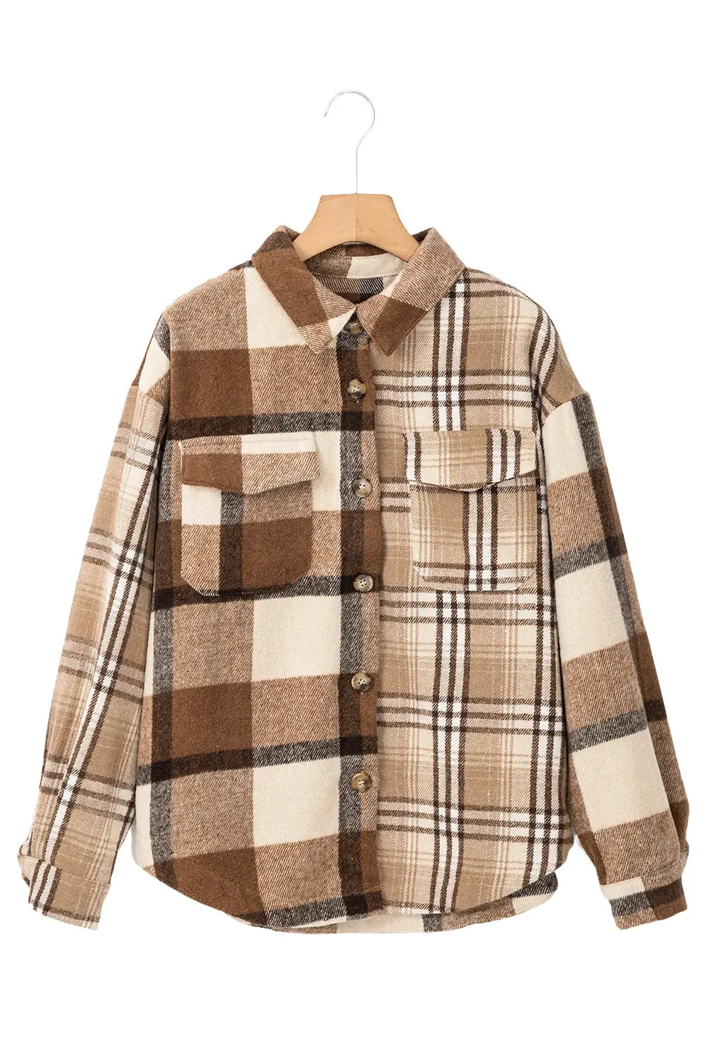 Light French Beige Flannel Plaid Double Flap Pocket Shacket Dear-Lover Dropshipping