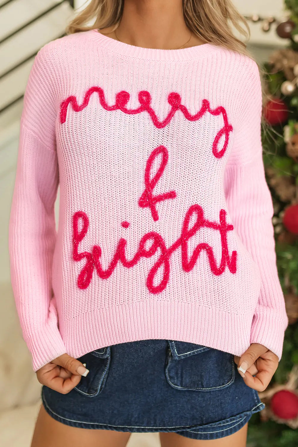 Pink Merry & Bright Pop Up Letter Waffle Knit Sweater Dear-Lover Dropshipping