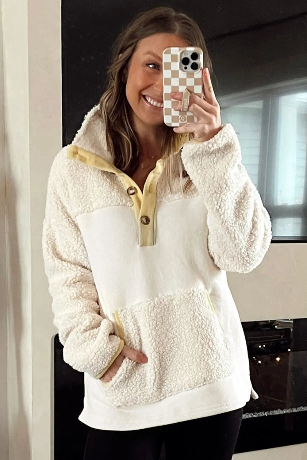 Beige Fleece Colorblock Trim Buttons Collar Sweatshirt with Pocket Dear-Lover Dropshipping