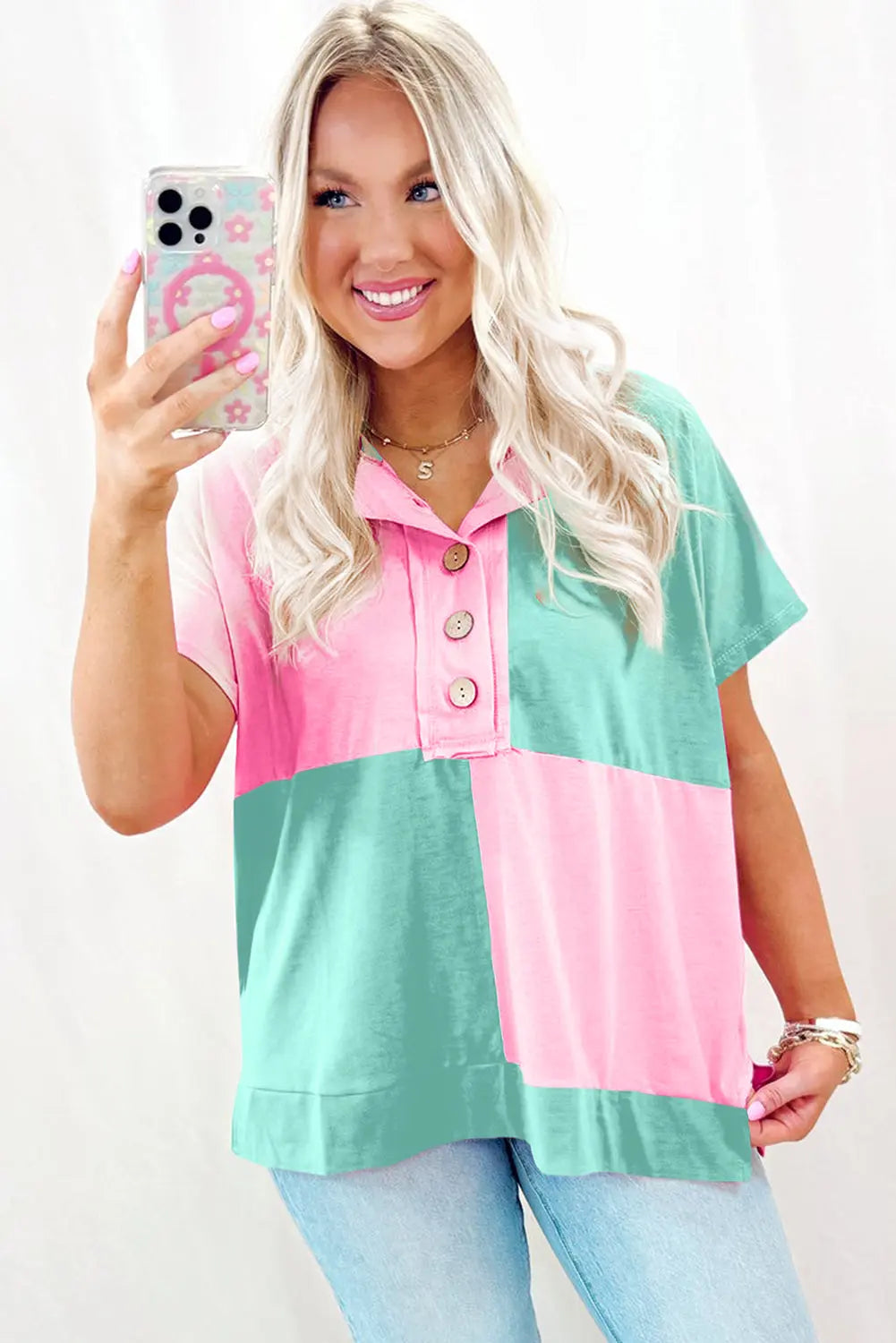 Mint Green Two Tone Half Buttons Collared T Shirt Dear-Lover Dropshipping