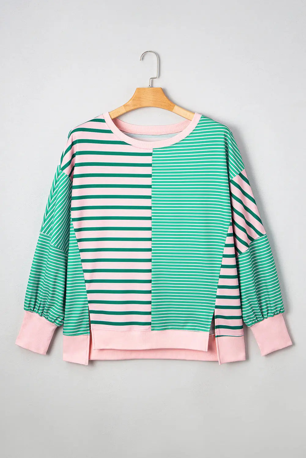 Green Stripe Color Block Exposed Seam Side Slit Plus Size Sweatshirt Dear-Lover Dropshipping