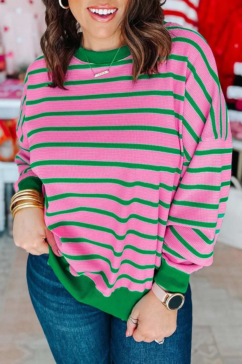 Pink Stripe Waffle Knit Crew Neck Plus Size Sweatshirt Dear-Lover Dropshipping