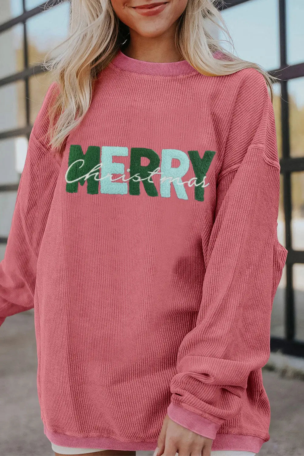 Strawberry Pink MERRY Christmas Chenille Embroidered Corded Sweatshirt Dear-Lover Dropshipping