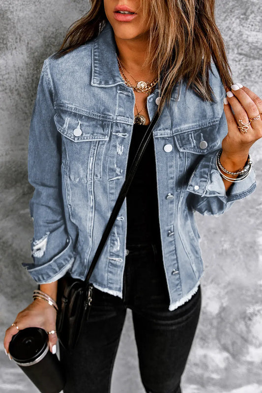 Sky Blue Lapel Distressed Raw Hem Buttons Denim Jacket Dear-Lover Dropshipping