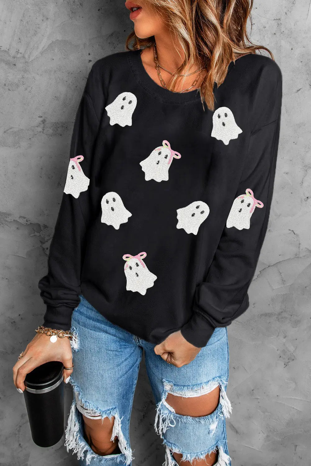 Black Sequin Cute Bow Ghost Graphic Crew Neck Halloween Sweatshirt Dear-Lover Dropshipping