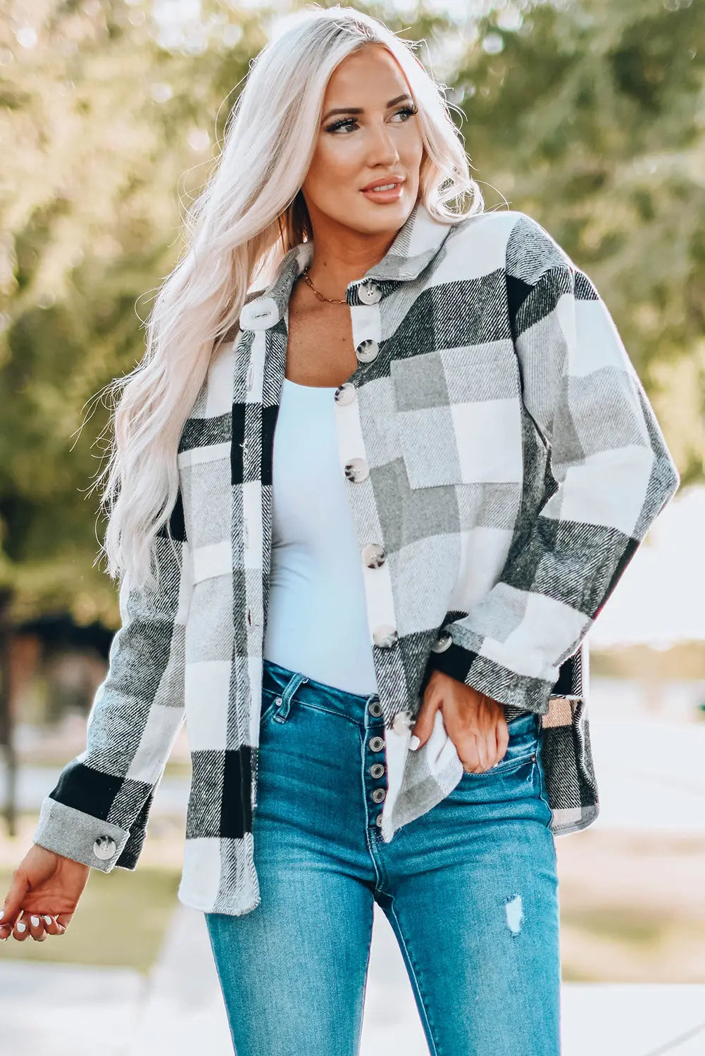 Gray Plaid Color Block Buttoned Long Sleeve Jacket with Pocket Dear-Lover Dropshipping