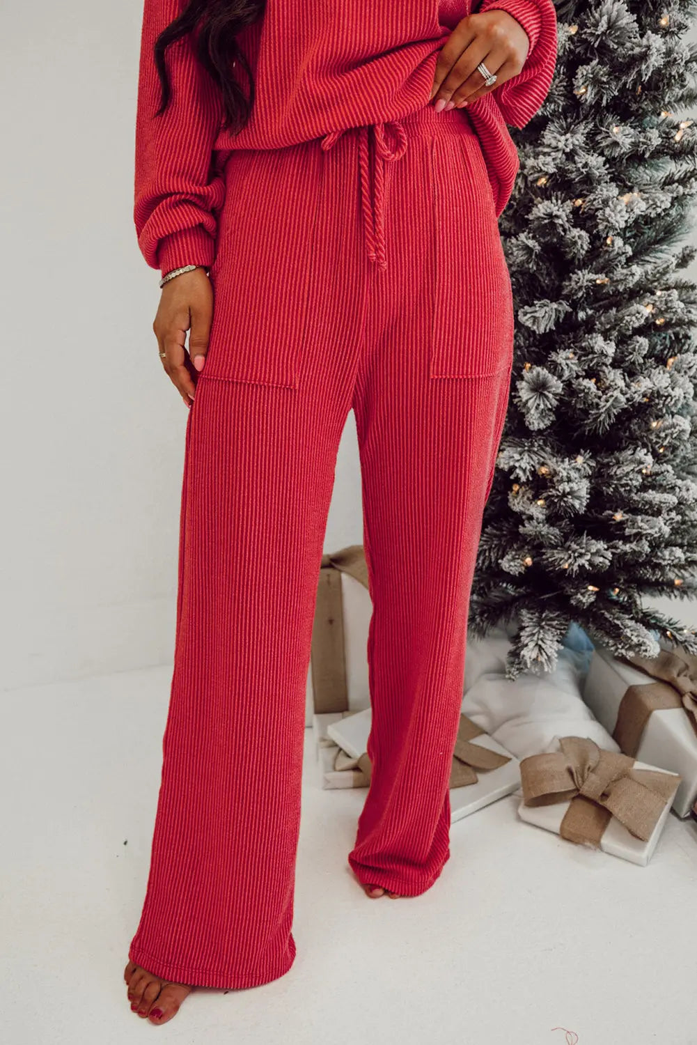 Fiery Red JOLLY Corded Long Sleeve Top and Pockets Pants Set Dear-Lover Dropshipping