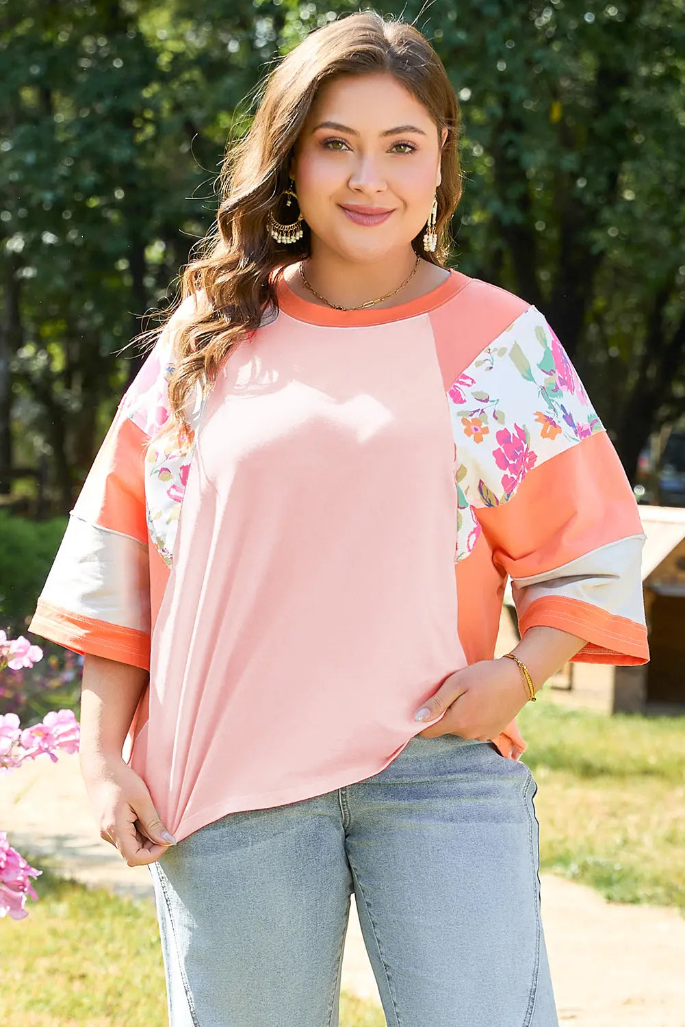 Orange Plus Size Floral Print Patchwork Raglan Half Sleeve Top Dear-Lover Dropshipping
