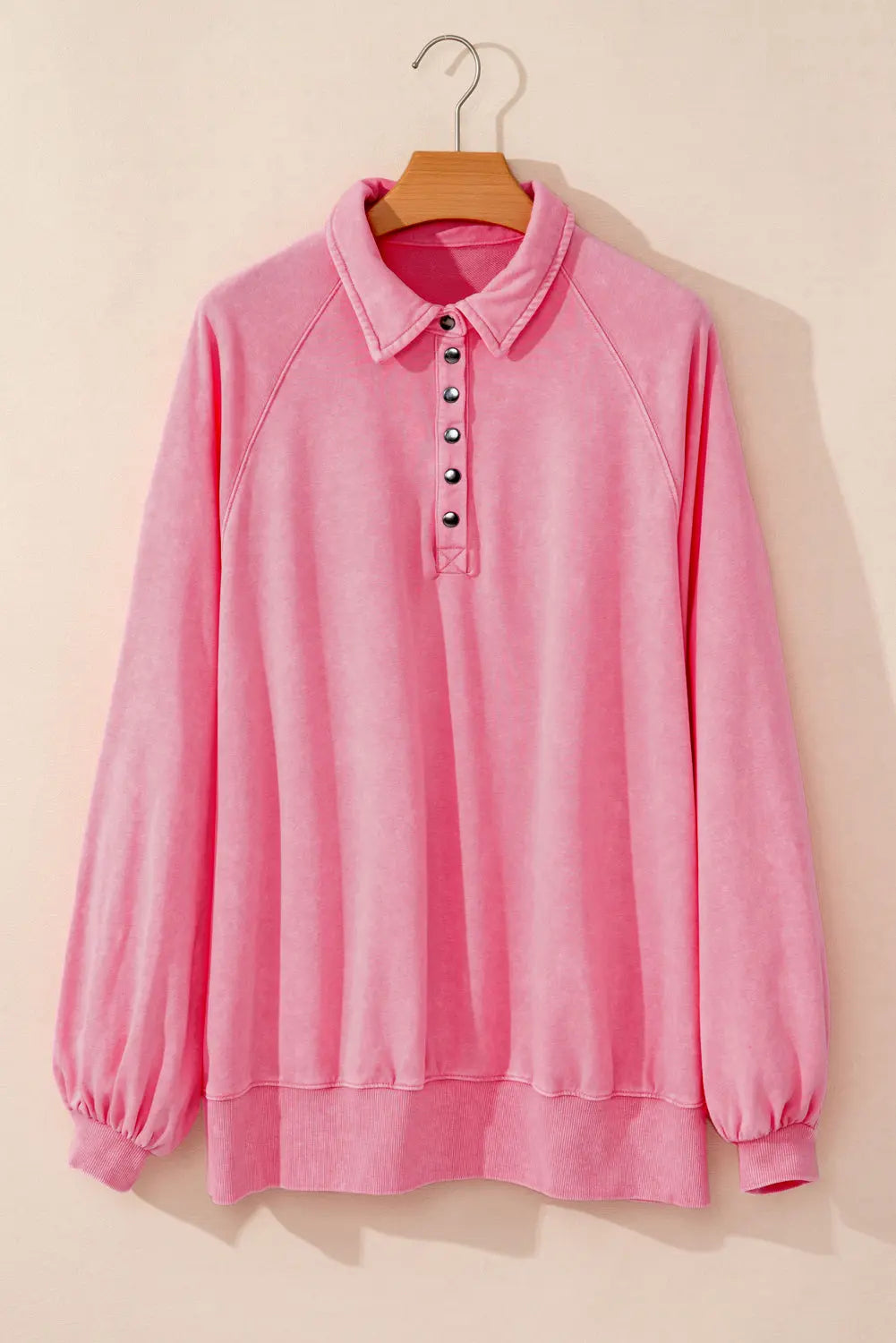 Pink Solid Snap Buttons Collared Balloon Sleeve Oversized Sweatshirt Dear-Lover Dropshipping