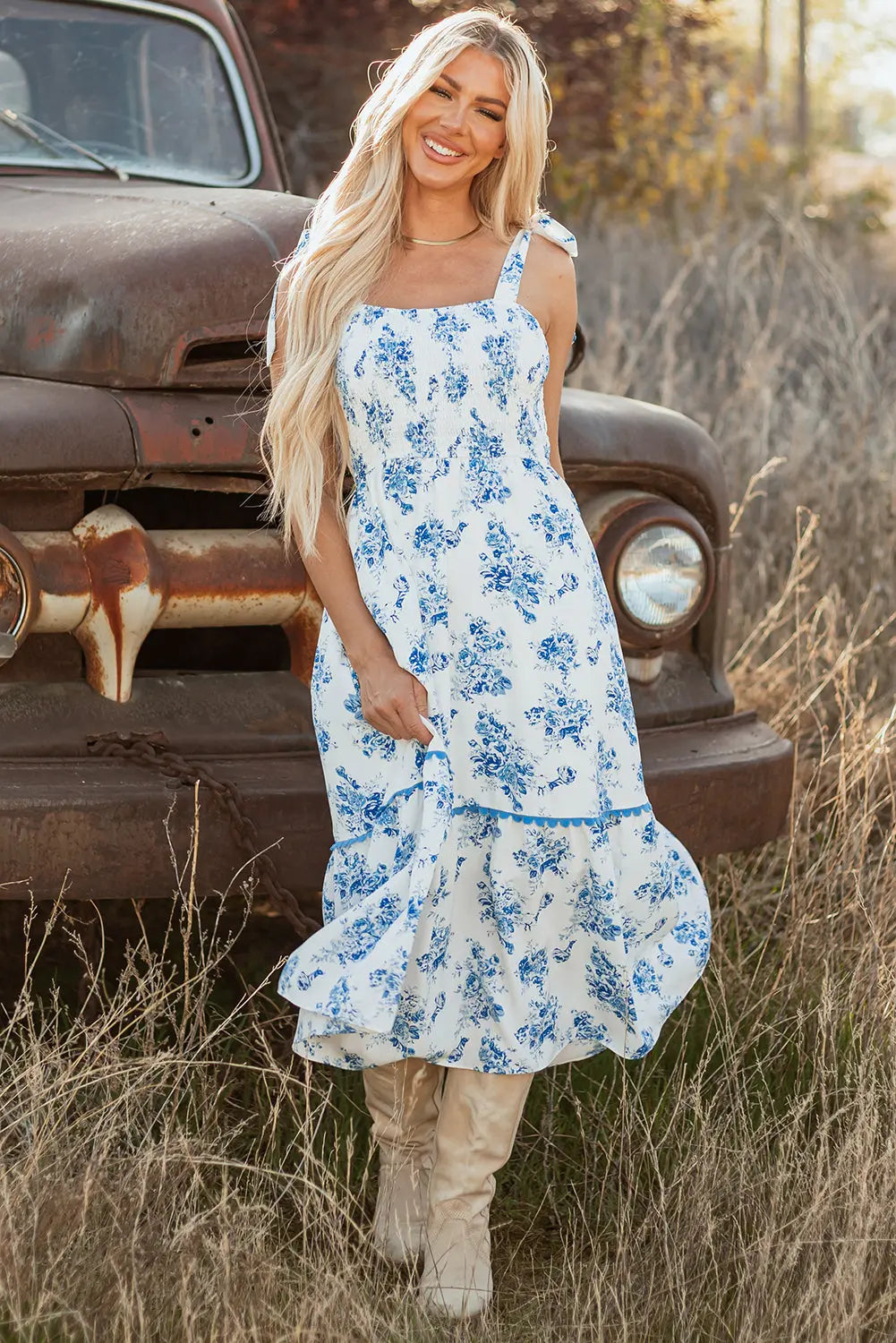 Sky Blue Floral Print Shirred Knot Shoulder Sleeveless Long Dress Dear-Lover Dropshipping