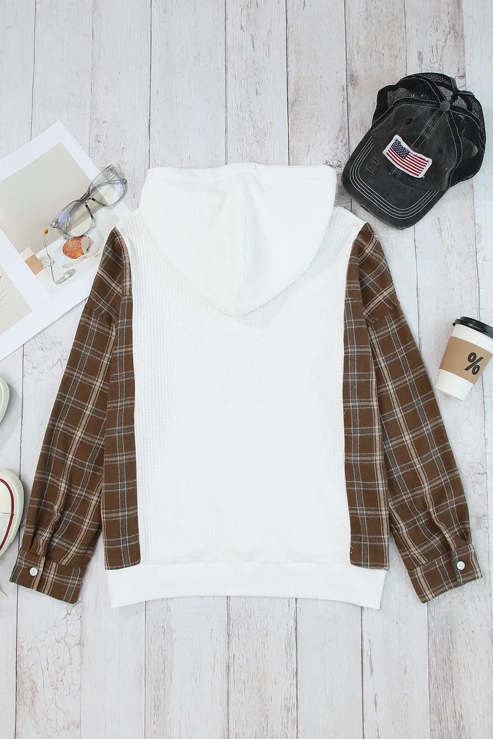 White Waffle Patch Plaid Sleeve Kangaroo Pocket Hoodie Dear-Lover Dropshipping
