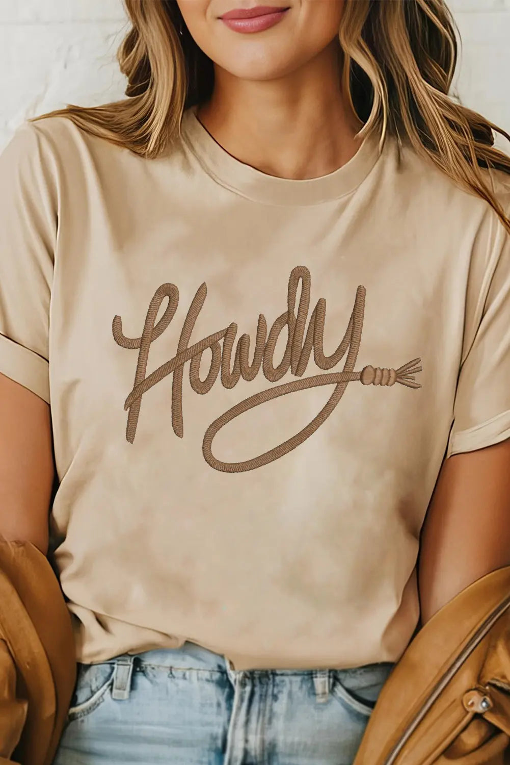 Khaki Howdy Embroidered Graphic Western Tee Dear-Lover Dropshipping
