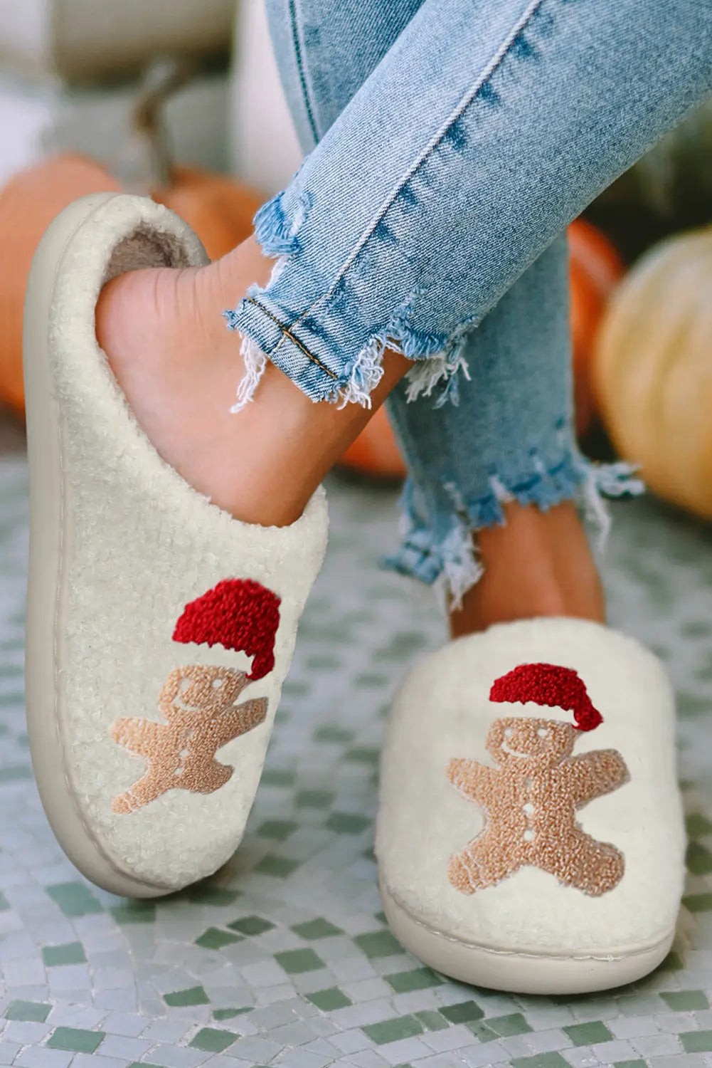 White Christmas Gingerbread Man Plush Home Slippers Dear-Lover Dropshipping