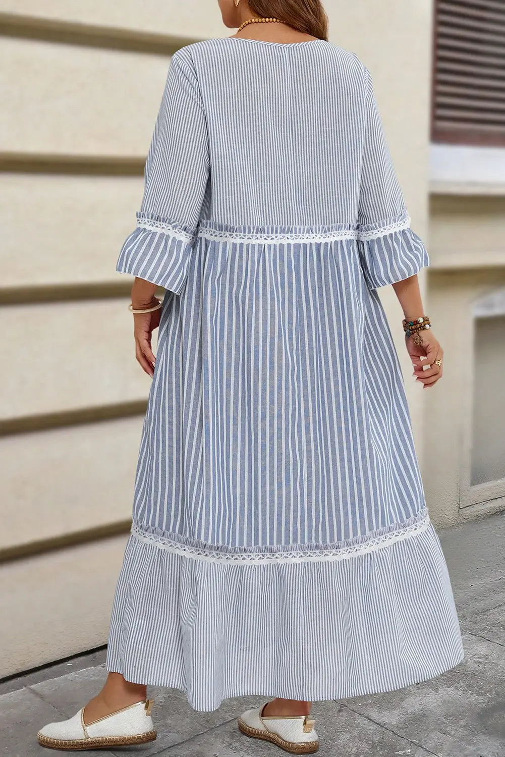 Sky Blue Stripe Crisscross Lace Detail Mixed Striped Patchwork Plus Size Shift Long Dress Dear-Lover Dropshipping