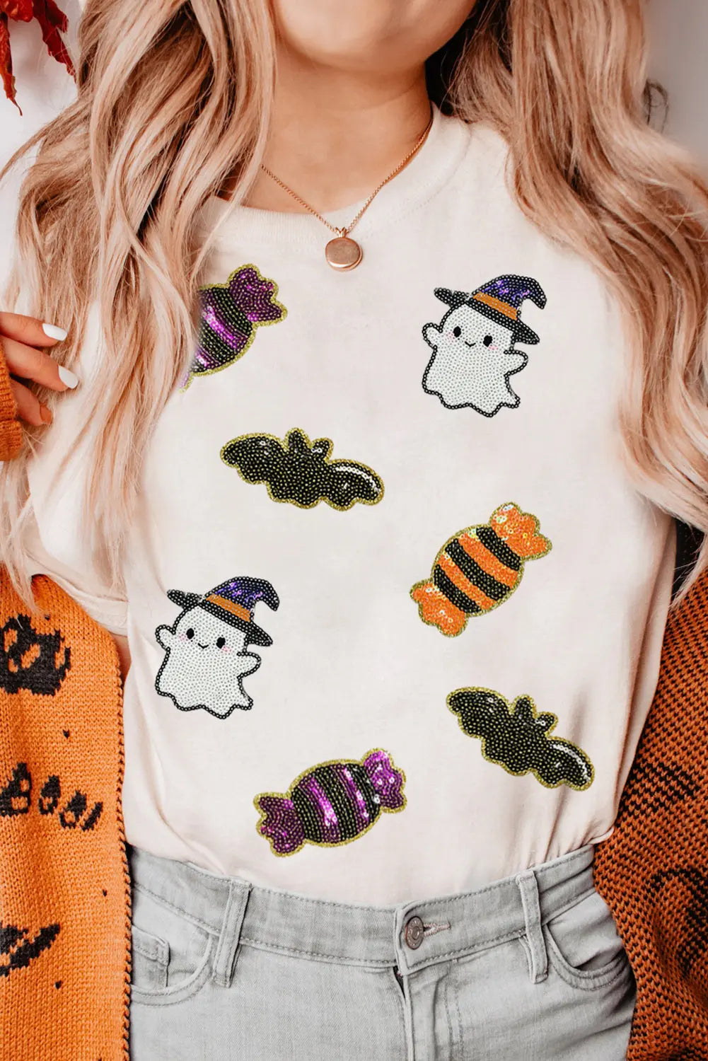 White Sequined Halloween Spirit Pattern Patched Custom Casual Tee Dear-Lover Dropshipping