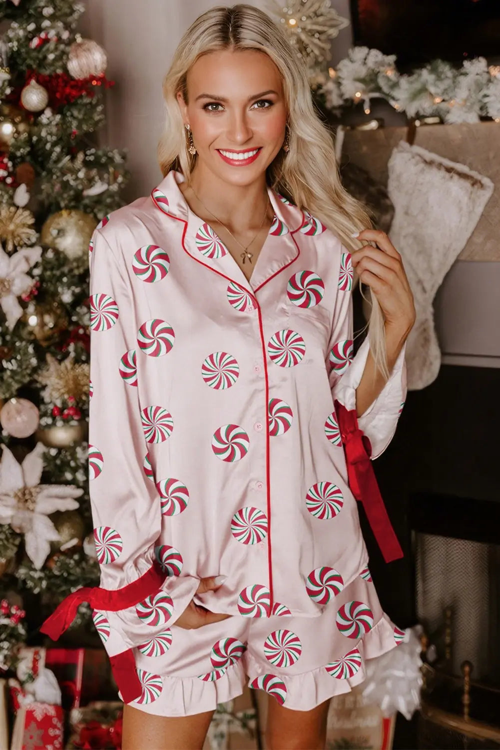 Pink Christmas Candy Contrast Trim Bow Knot Silky 2pcs Pajama Set Dear-Lover Dropshipping