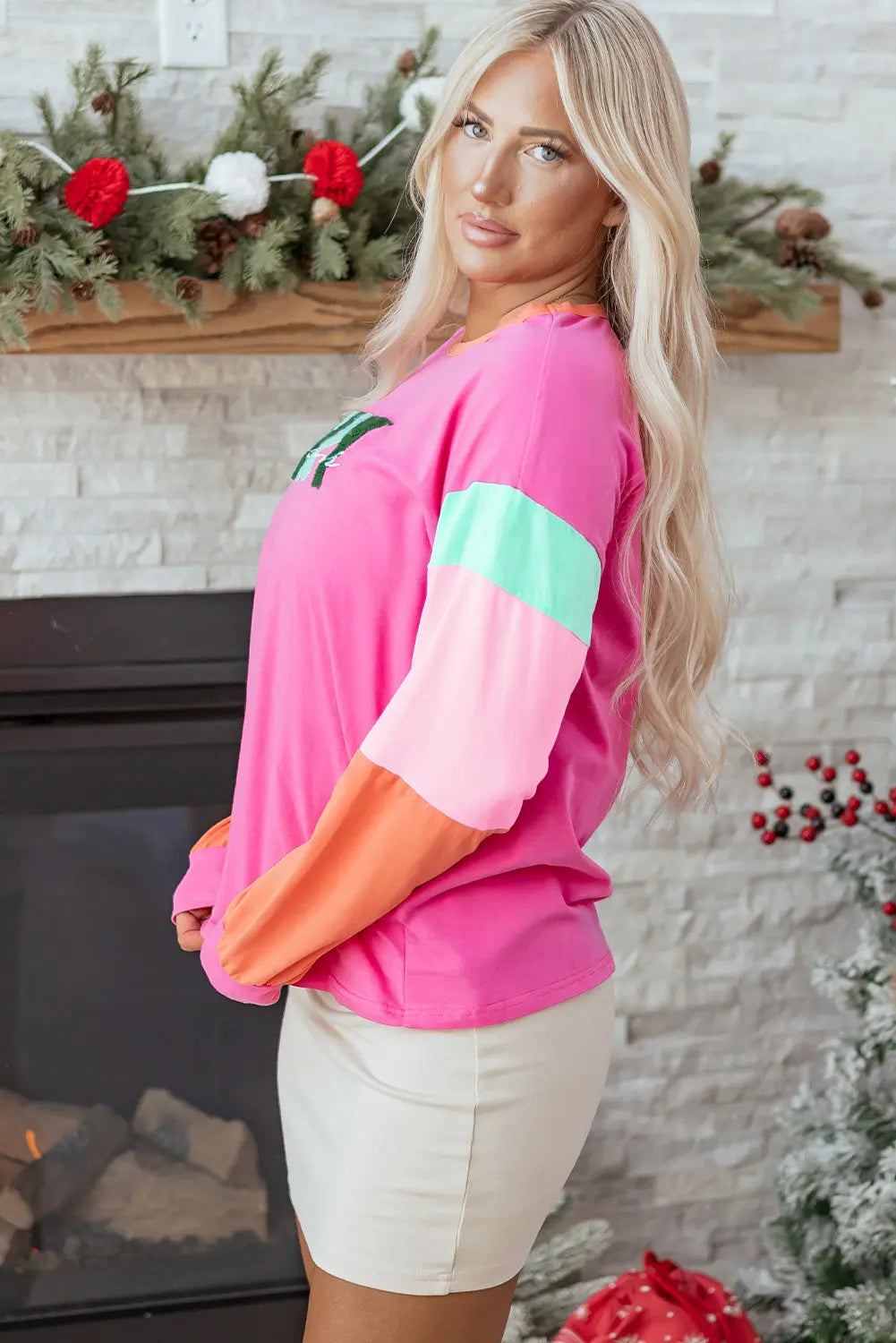 Rose Red Chenille MERRY Christmas Patched Colorblock Long Sleeve Top Dear-Lover Dropshipping