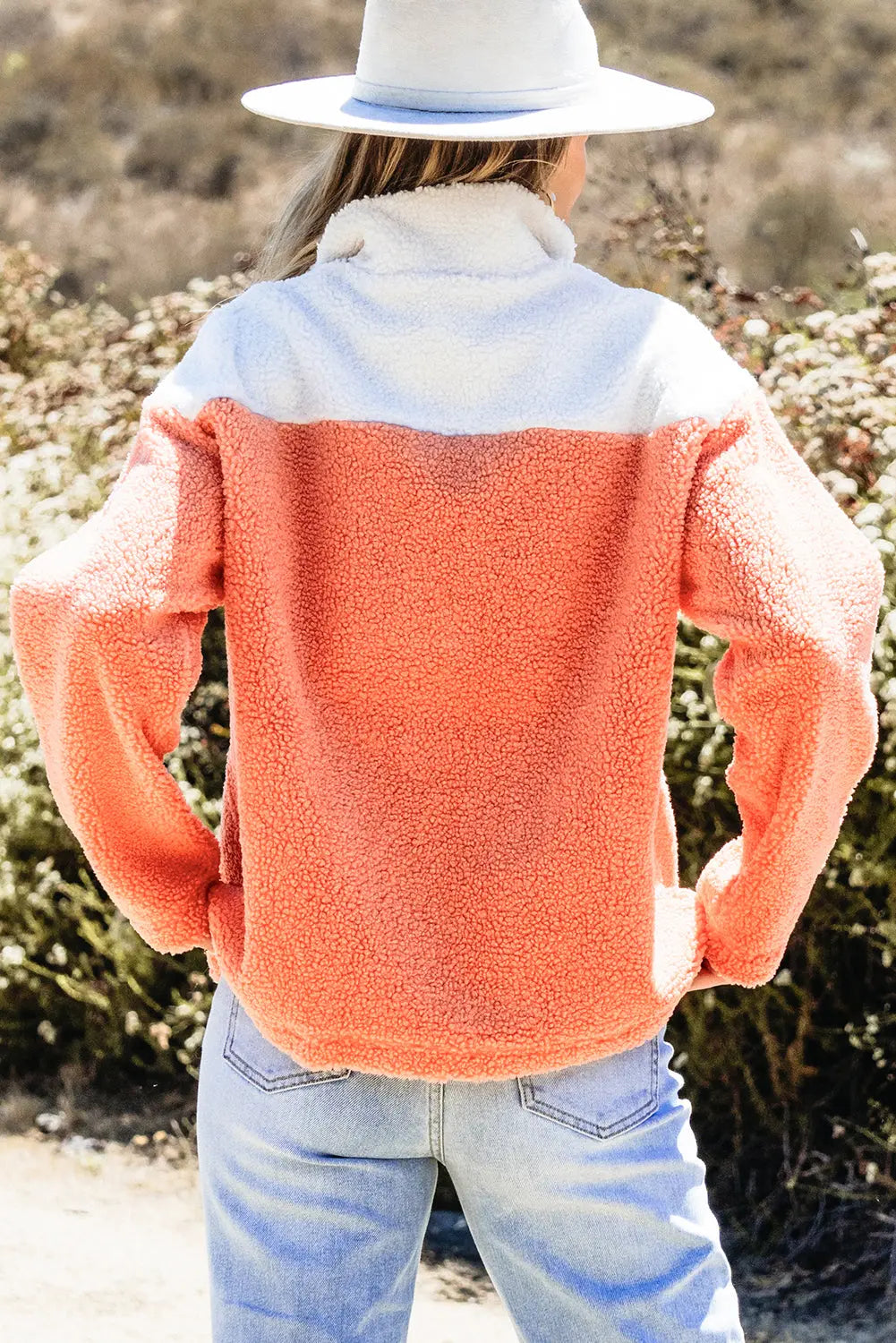 Orange Colorblock Half Zipper Stand Neck Sherpa Sweatshirt Dear-Lover Dropshipping