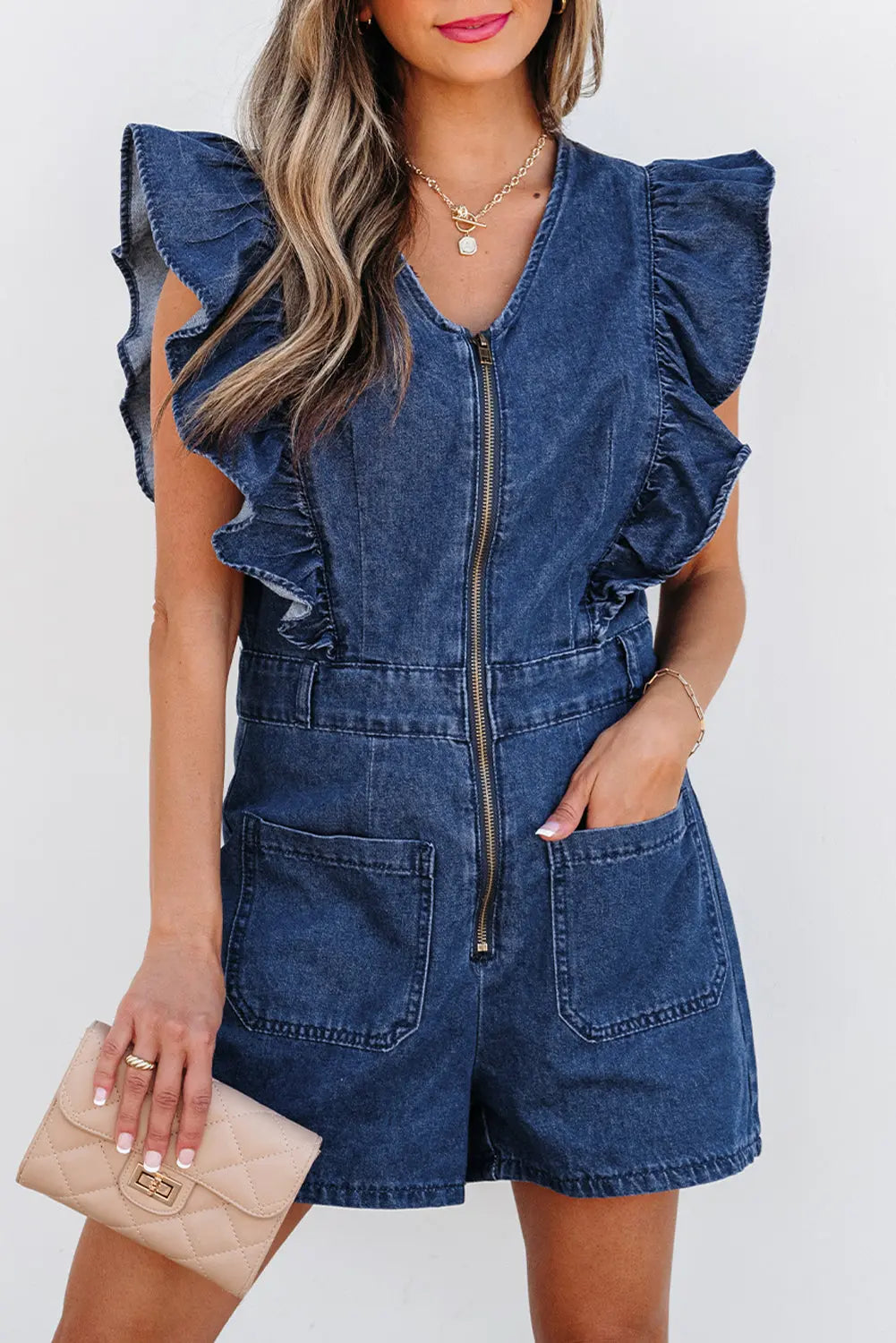 Sail Blue Denim Ruffled Zipped Front Belted Romper Dear-Lover Dropshipping