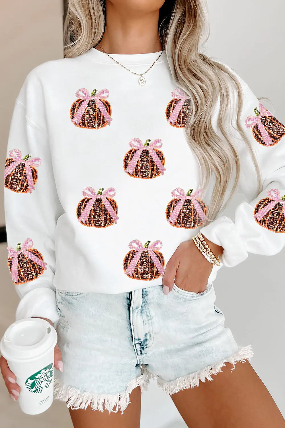 White Sequin Bow Pumpkin Patched Cotton Baggy Sweatshirt Dear-Lover Dropshipping