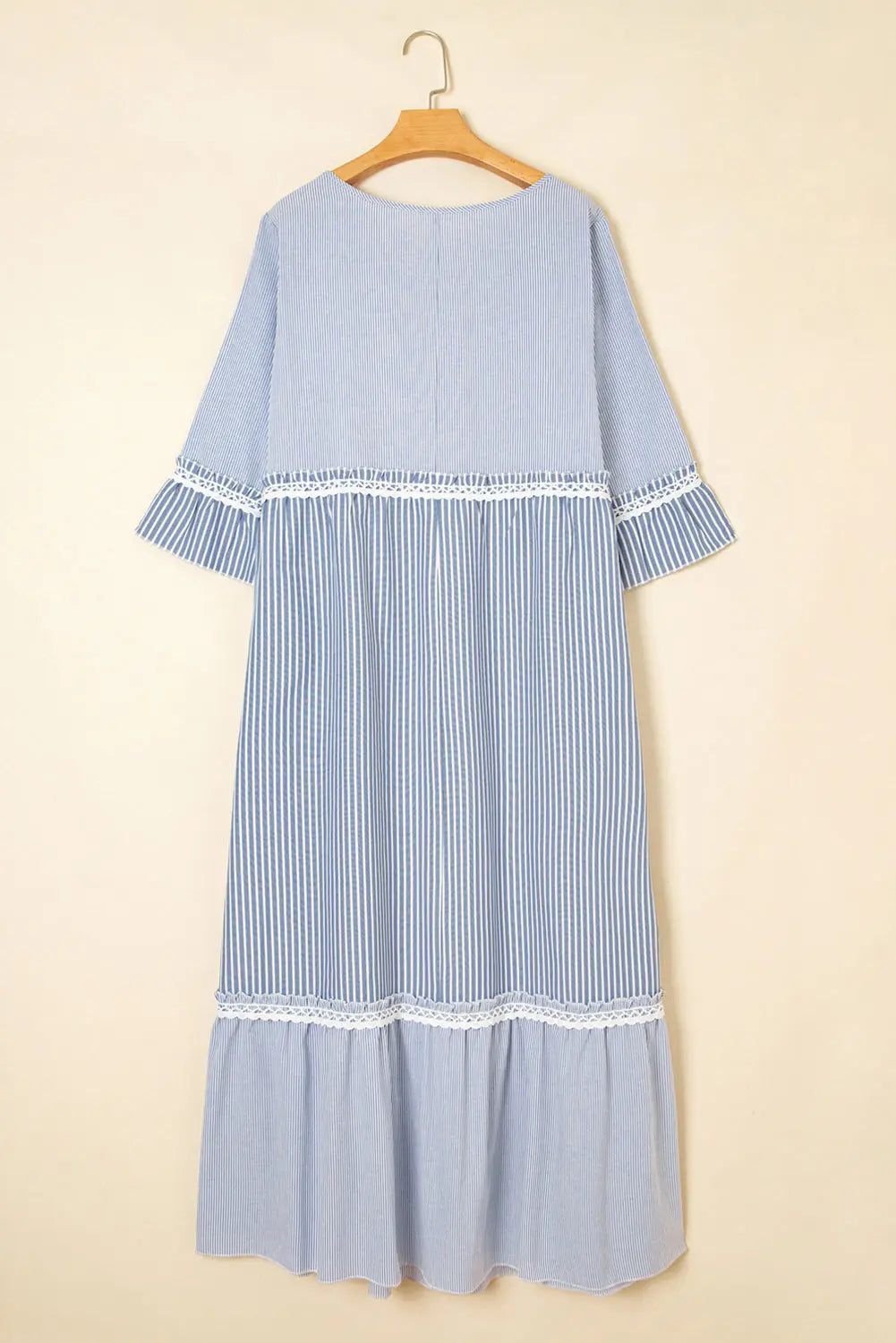 Sky Blue Stripe Crisscross Lace Detail Mixed Striped Patchwork Plus Size Shift Long Dress Dear-Lover Dropshipping