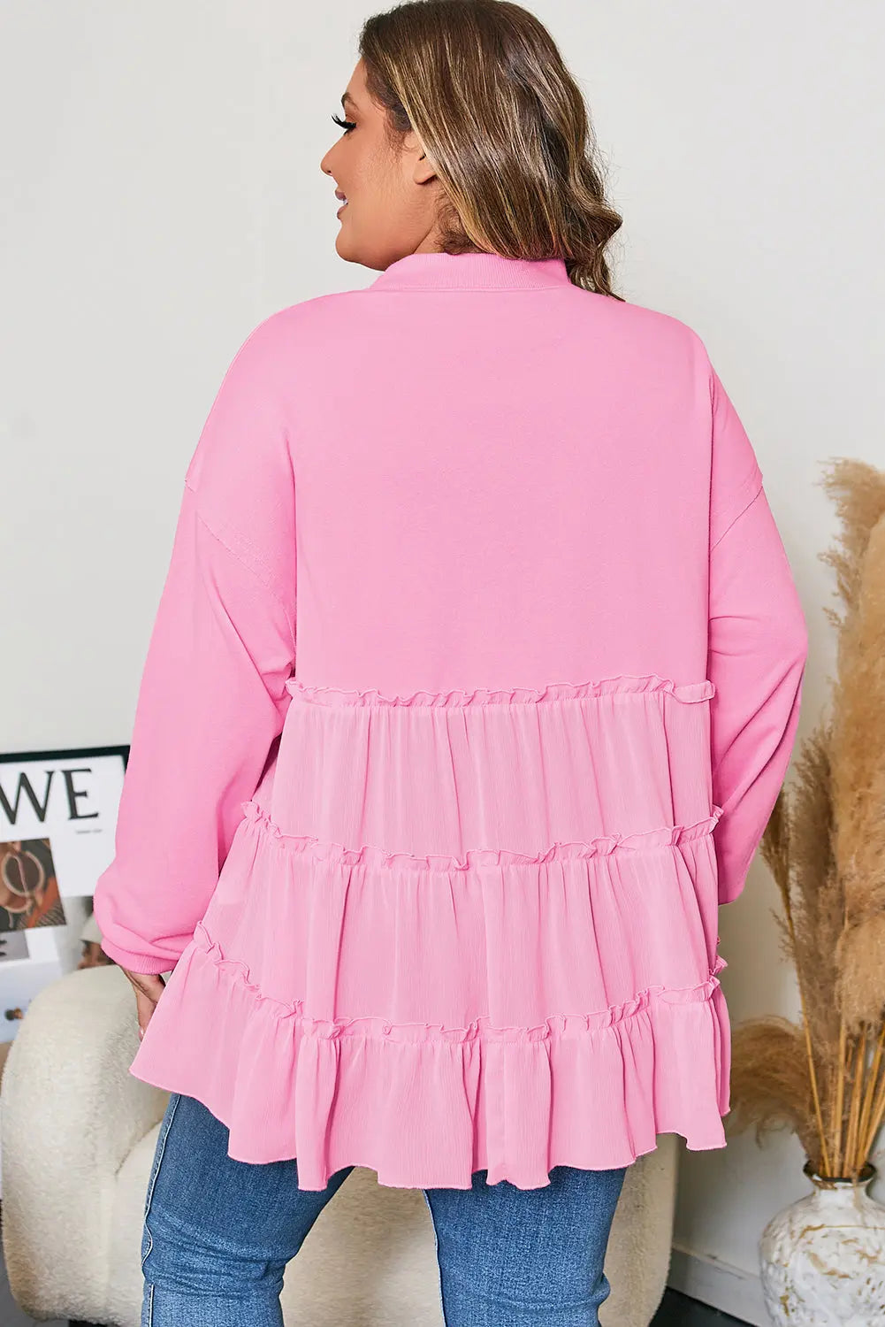 Pink Tiered Ruffle Ribbed Crew Neck Pullover Plus Size Top Dear-Lover Dropshipping