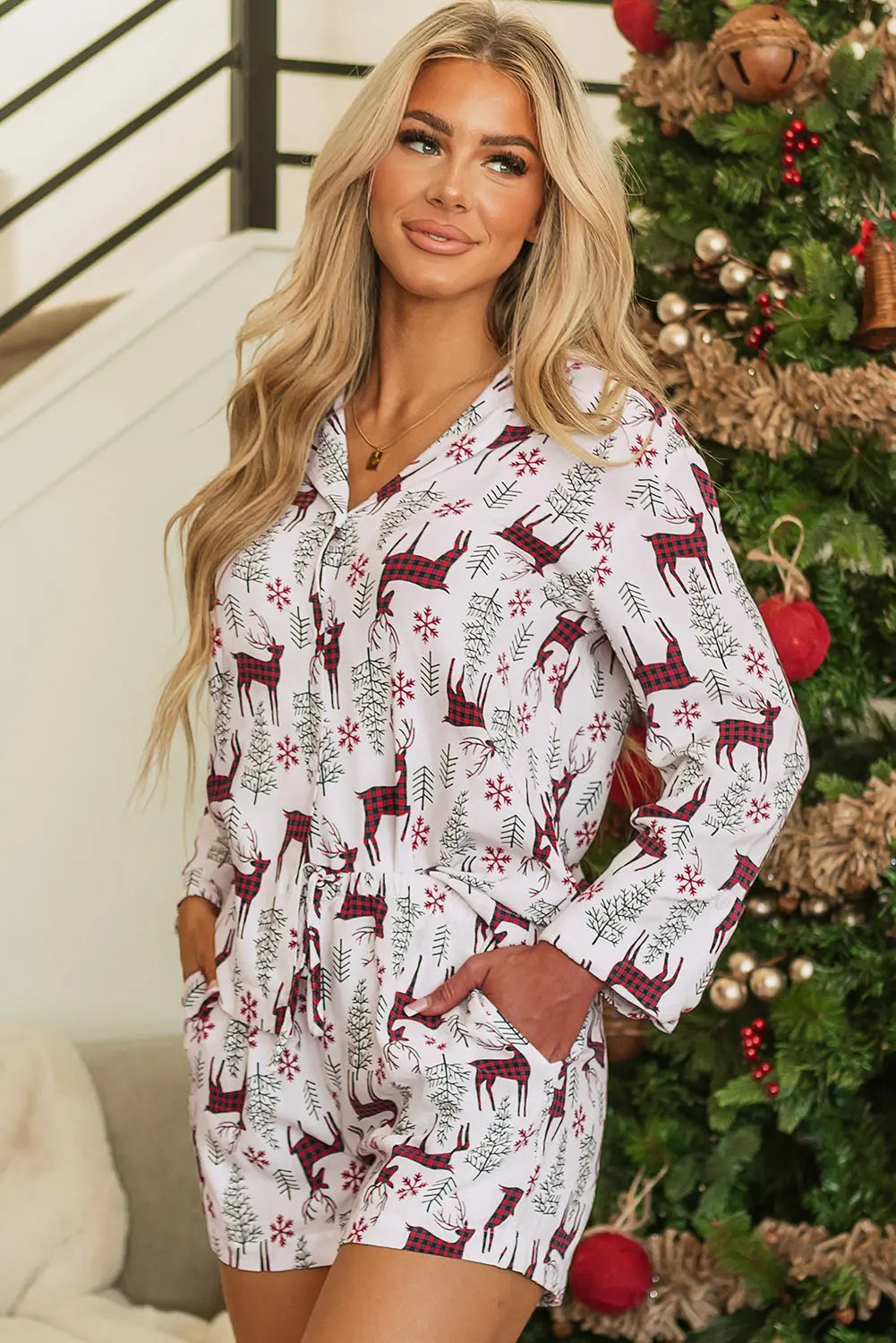 White Christmas Deer Printed Shirt and Shorts Lounge Set Dear-Lover Dropshipping