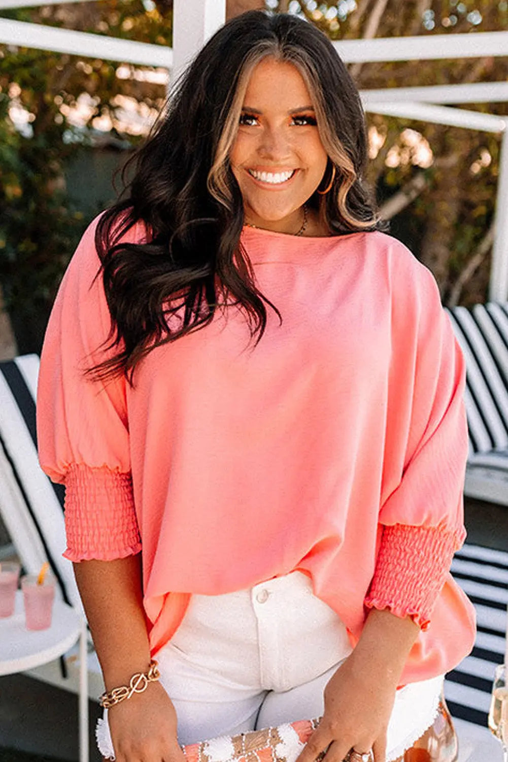 Blossom Shirred Cuffs Half Sleeve Plus Size Textured Blouse Dear-Lover Dropshipping