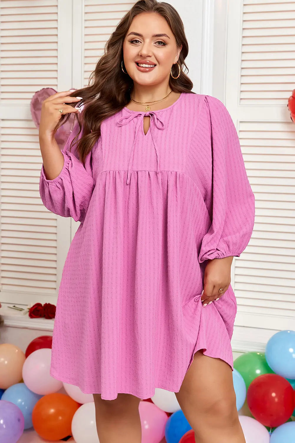 Sachet Pink Plus Size Textured Tie Split Neck Puff Sleeve Flowy Mini Dress Dear-Lover Dropshipping