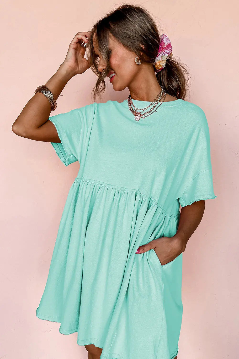 Moonlight Jade Solid Color Pocketed Raw Edge Babydoll Dress Dear-Lover Dropshipping