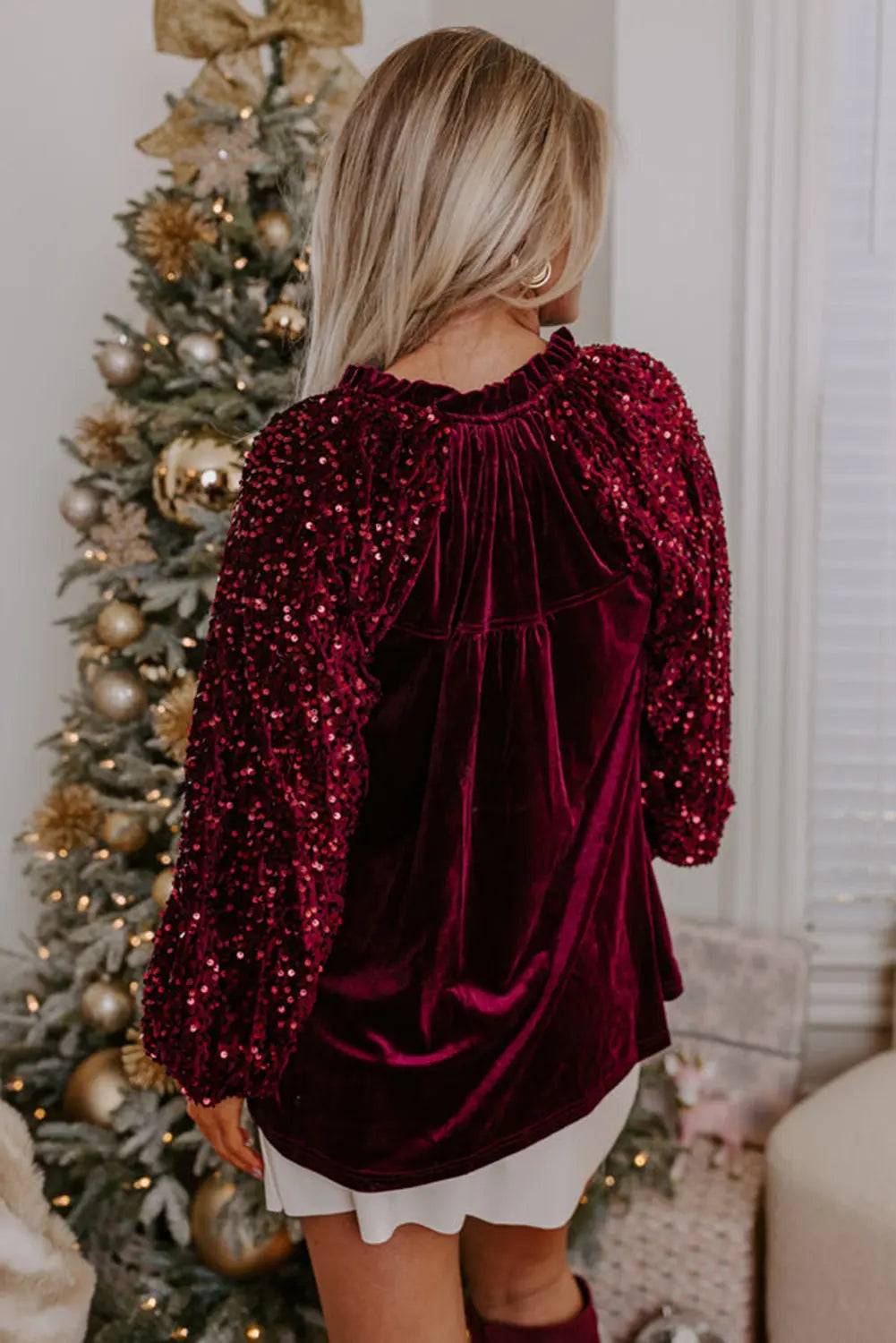Red Dahlia Sequin Patchwork Sleeve Button Up Velvet Top Dear-Lover Dropshipping