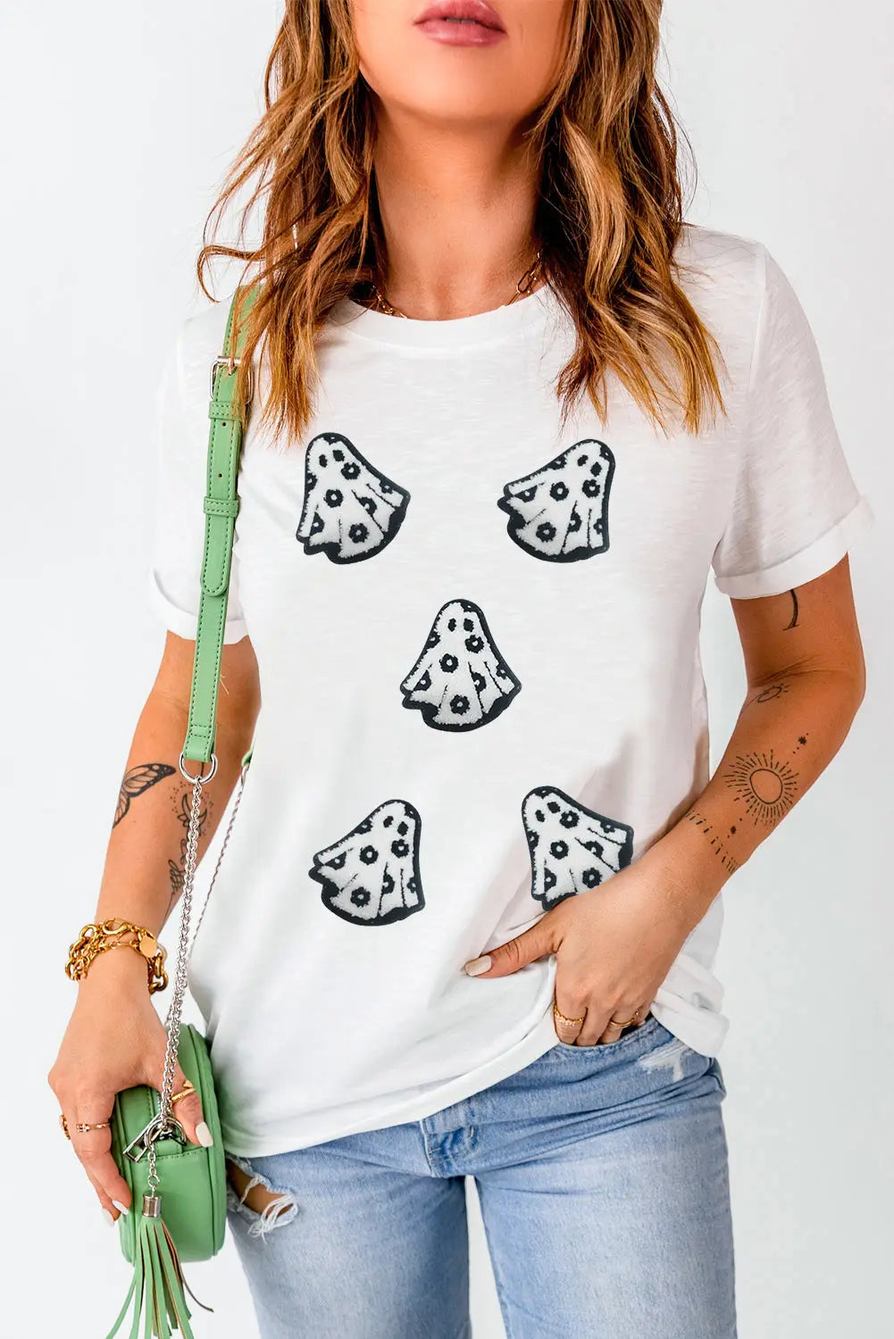 White Playful Ghost Patched Cotton Blend T Shirt Dear-Lover Dropshipping