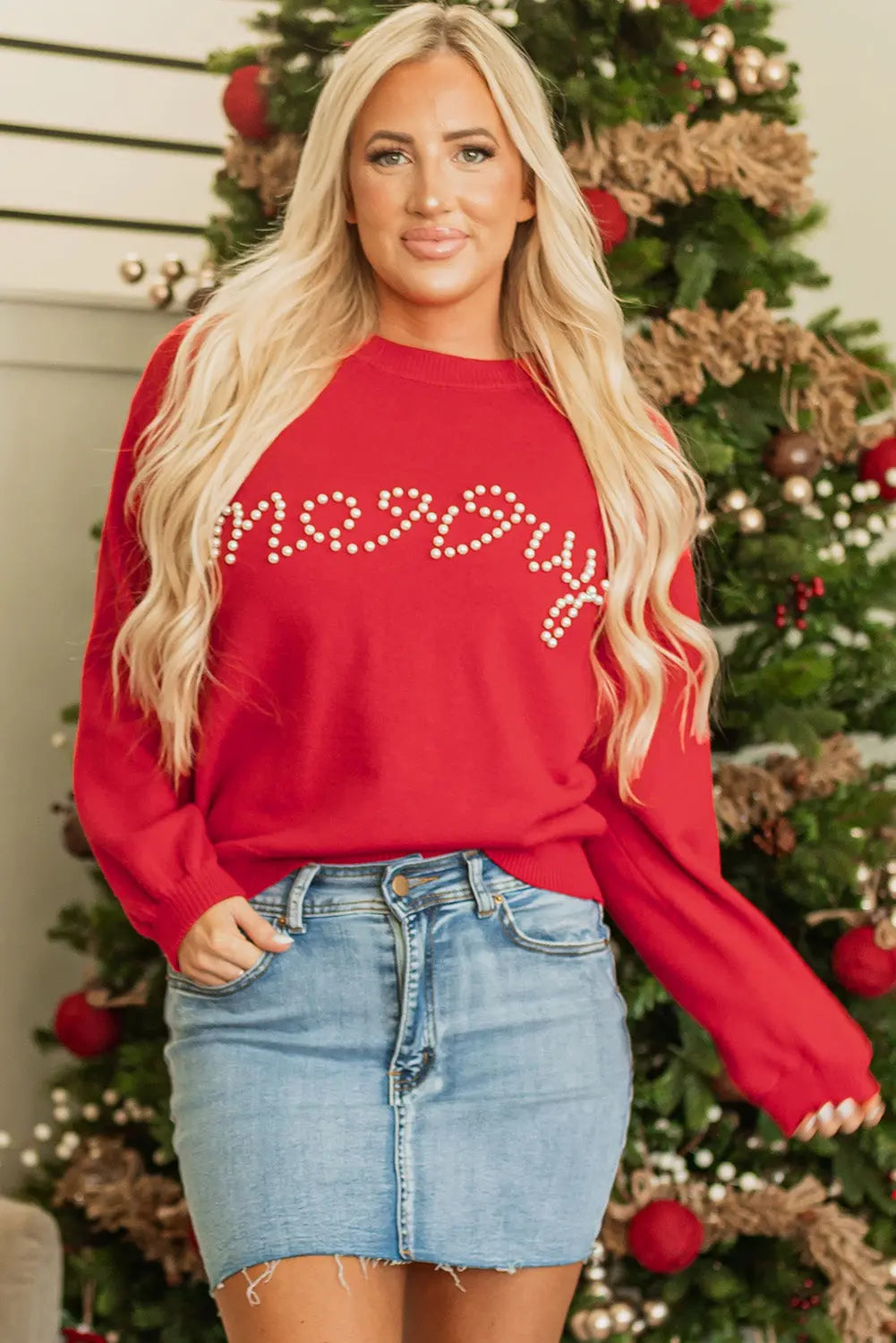 Fiery Red Pearl Beaded Merry Casual Sweater Dear-Lover Dropshipping