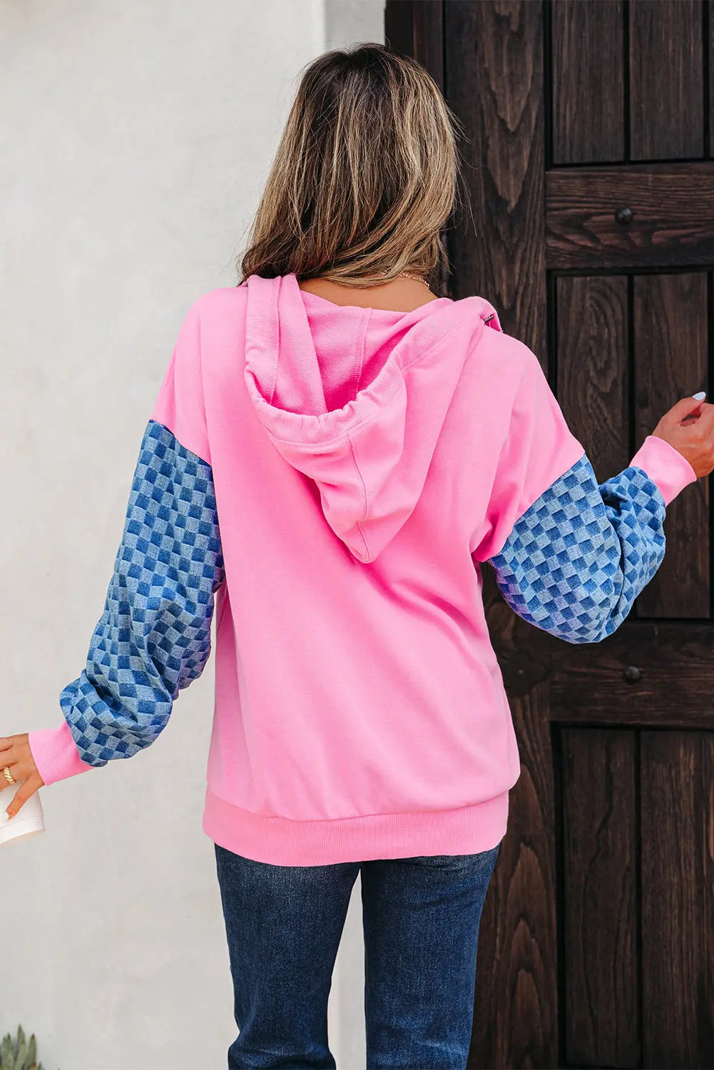 Bonbon Checkered Patchwork Kangaroo Pocket Half Zipper Hoodie Dear-Lover Dropshipping