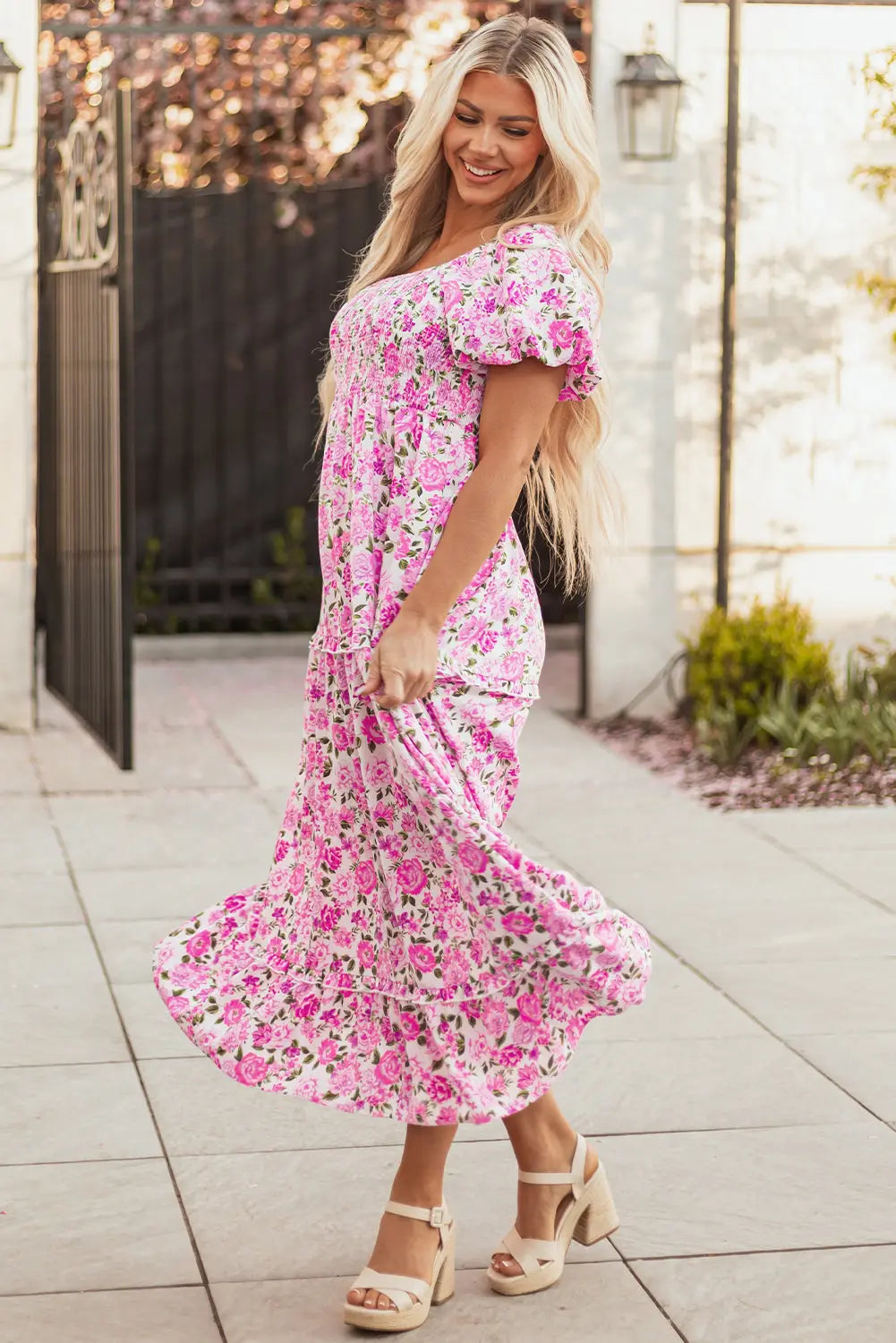 Pink Dainty Floral Smocked Puff Sleeve Flowy Long Dress Dear-Lover Dropshipping