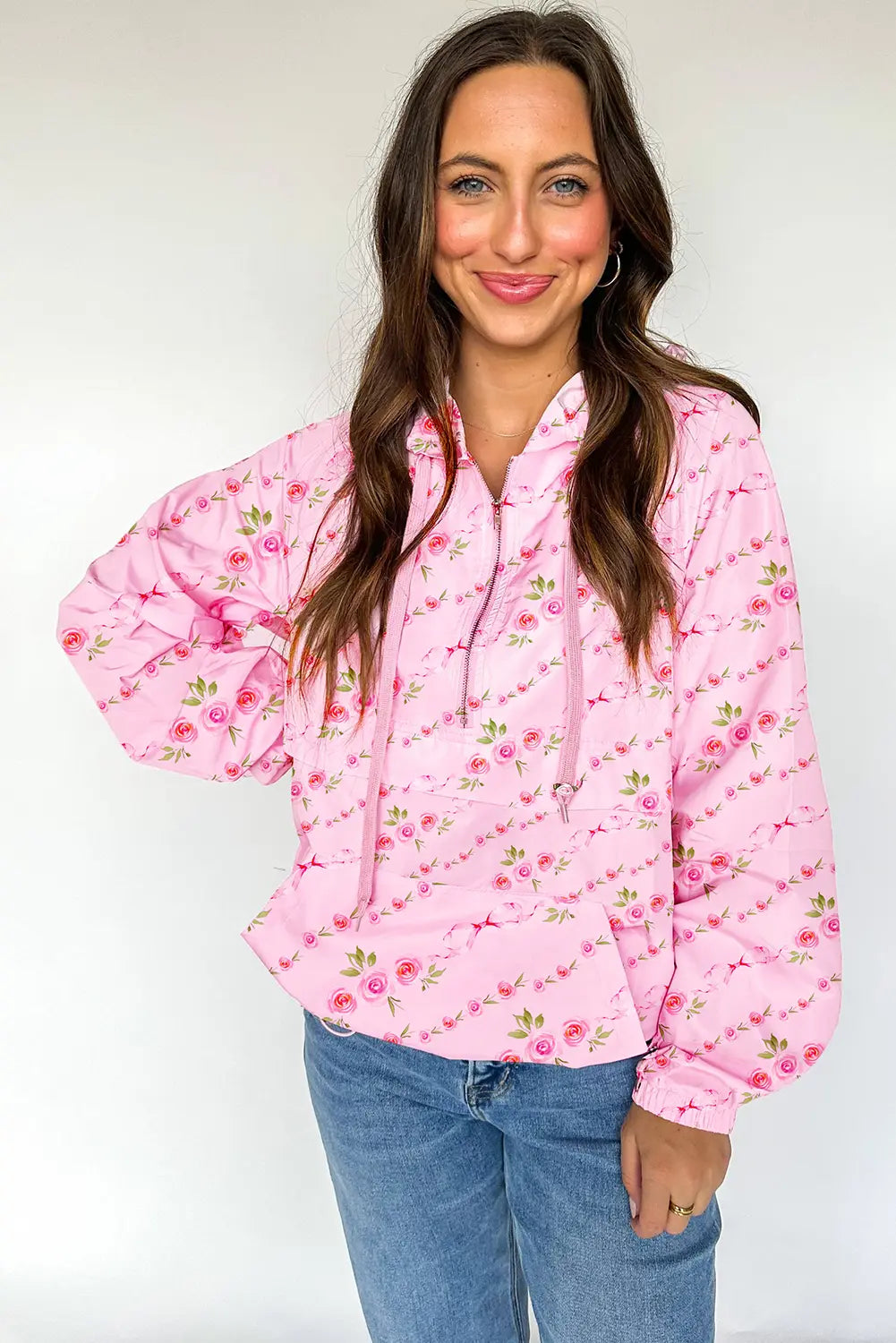 Pink Floral Print Half Zip Kangaroo Pouch Drawstring Hoodie Dear-Lover Dropshipping