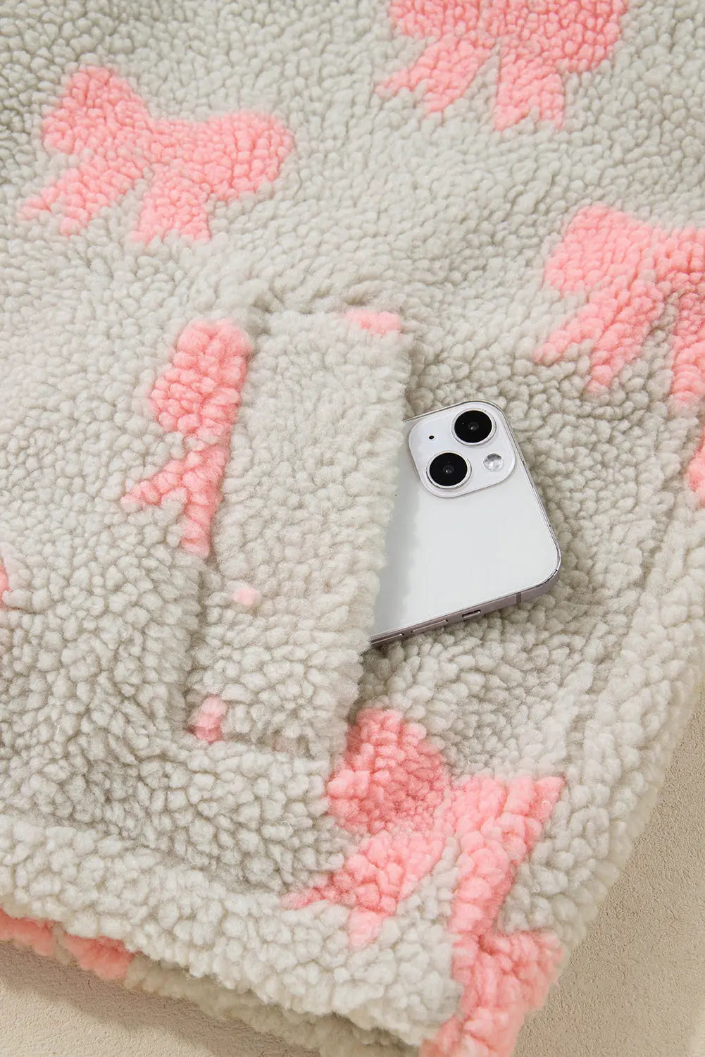 Gray Bow Sherpa Quarter Zip Drop Shoulder Baggy Sweatshirt Dear-Lover Dropshipping