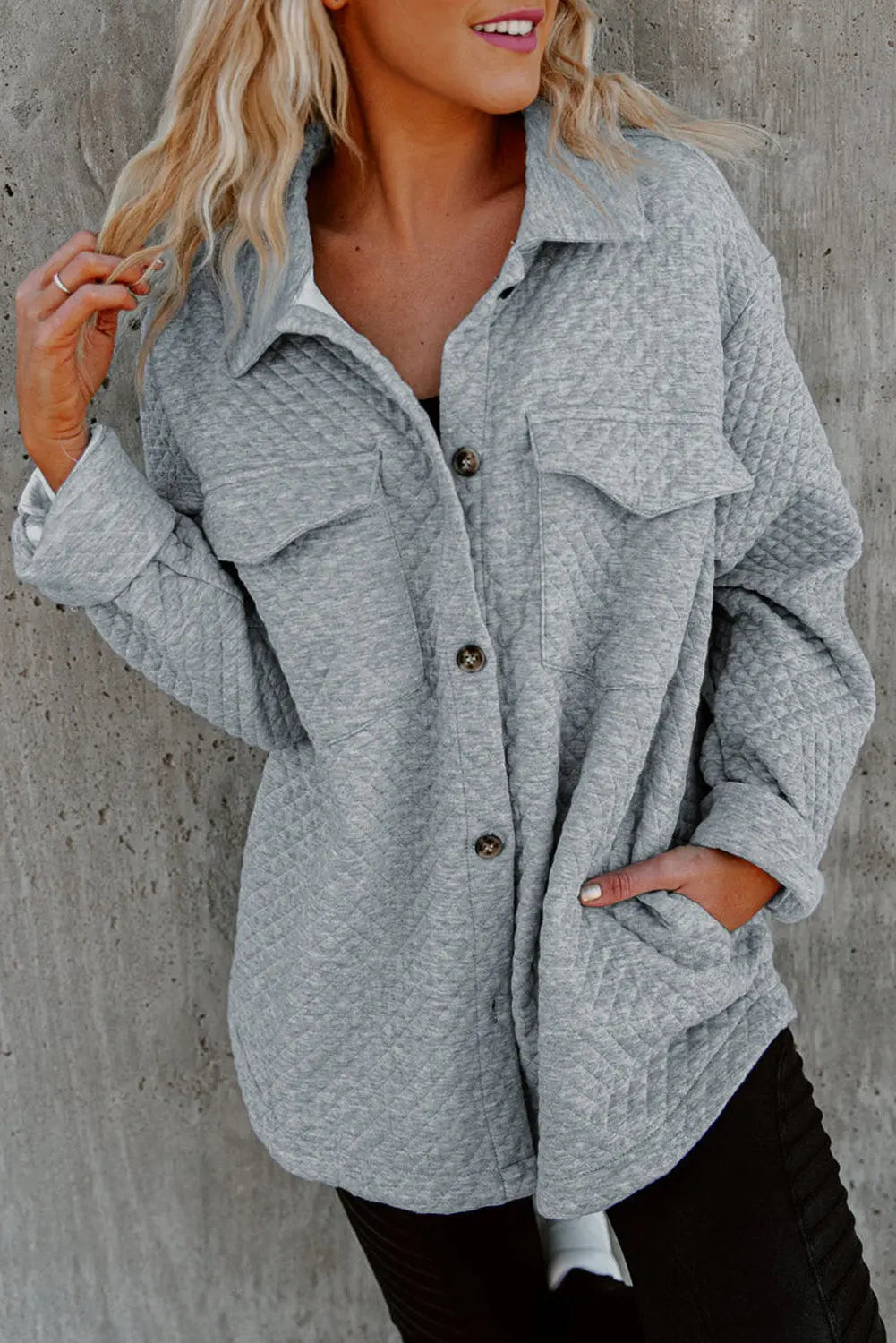 Gray Retro Quilted Flap Pocket Button Shacket Dear-Lover Dropshipping