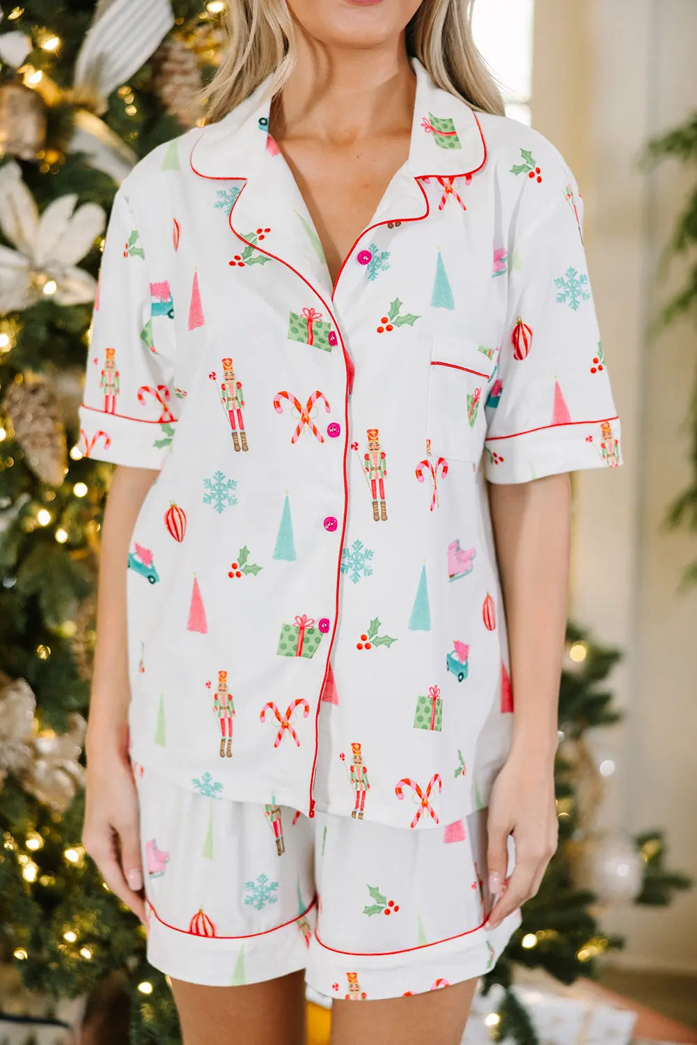 White Christmas Print Short Sleeve Shirt and Shorts Pajama Set Dear-Lover Dropshipping