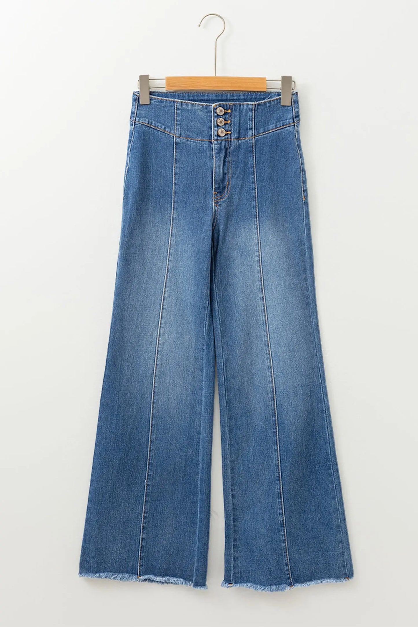 Sail Blue High Waist Button Fly Seamed Raw Hem Flare Jeans