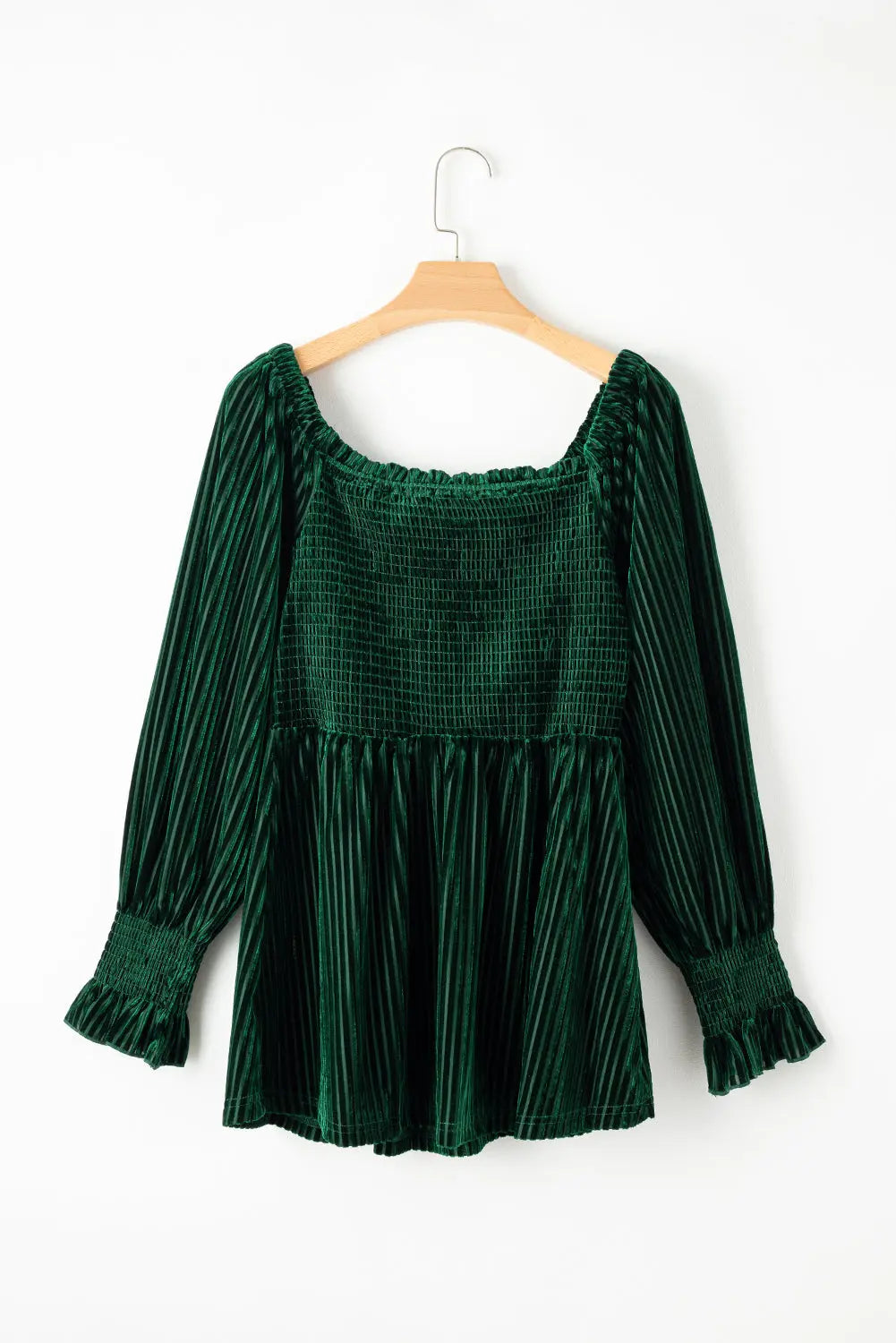 Blackish Green Smocked Ribbed Velvet Babydoll Top Dear-Lover Dropshipping