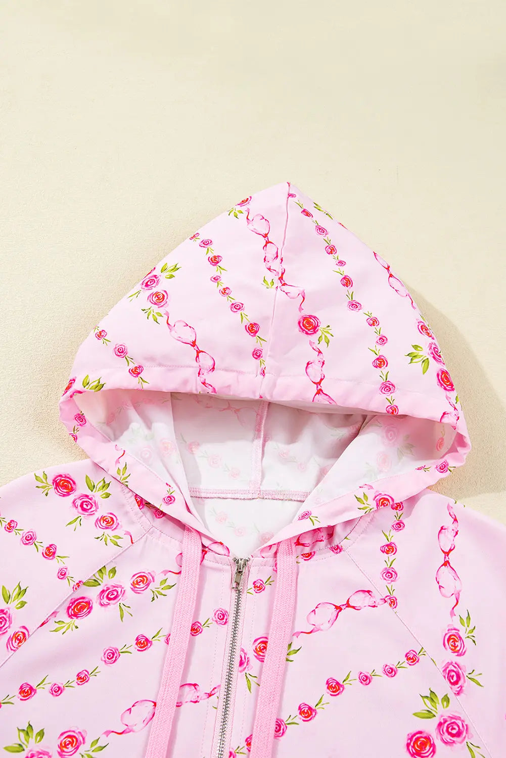 Pink Floral Print Half Zip Kangaroo Pouch Drawstring Hoodie Dear-Lover Dropshipping