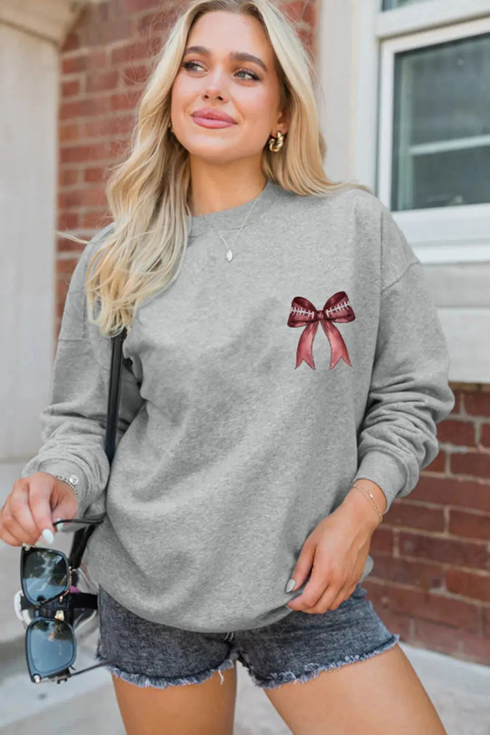 Gray Football Bow Print Drop Shoulder Pullover Sweatshirt Dear-Lover Dropshipping