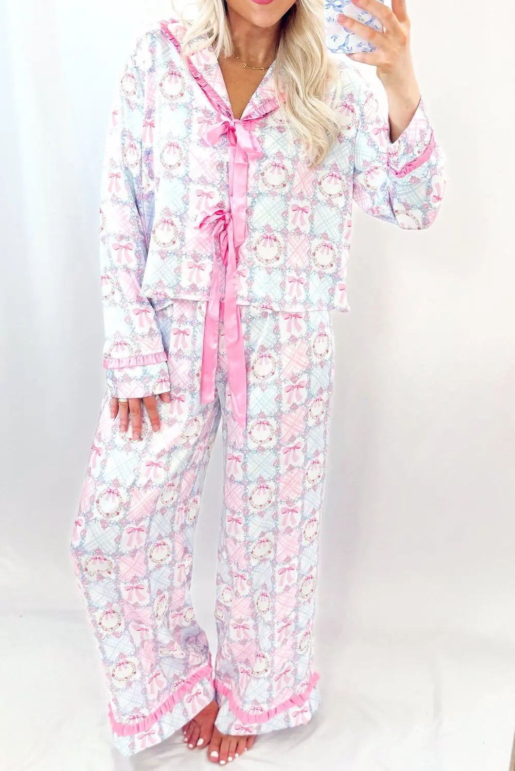 Pink Bow Wreath Pattern Christmas Holiday Tied Front Long Sleeve 2pcs Pajama Set Dear-Lover Dropshipping