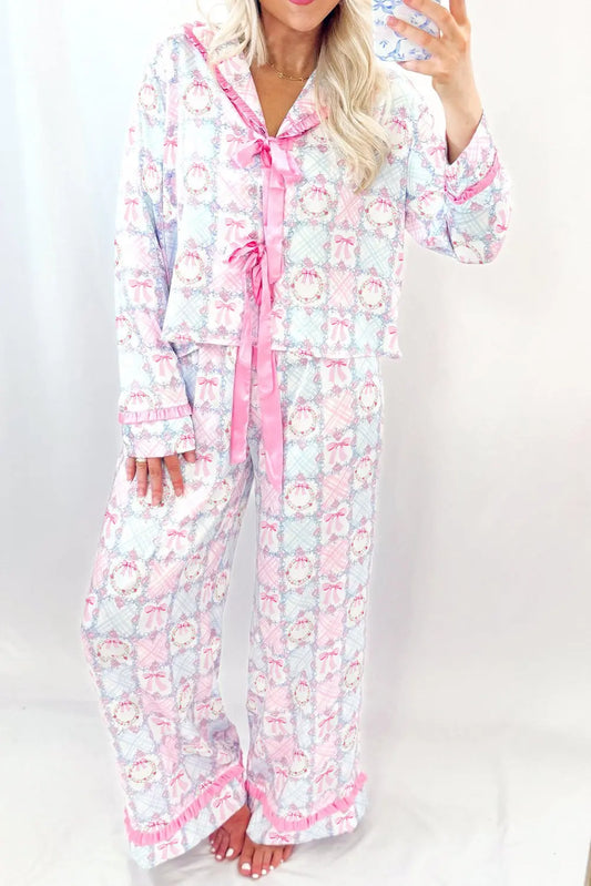 Pink Bow Wreath Pattern Christmas Holiday Tied Front Long Sleeve 2pcs Pajama Set Dear-Lover Dropshipping